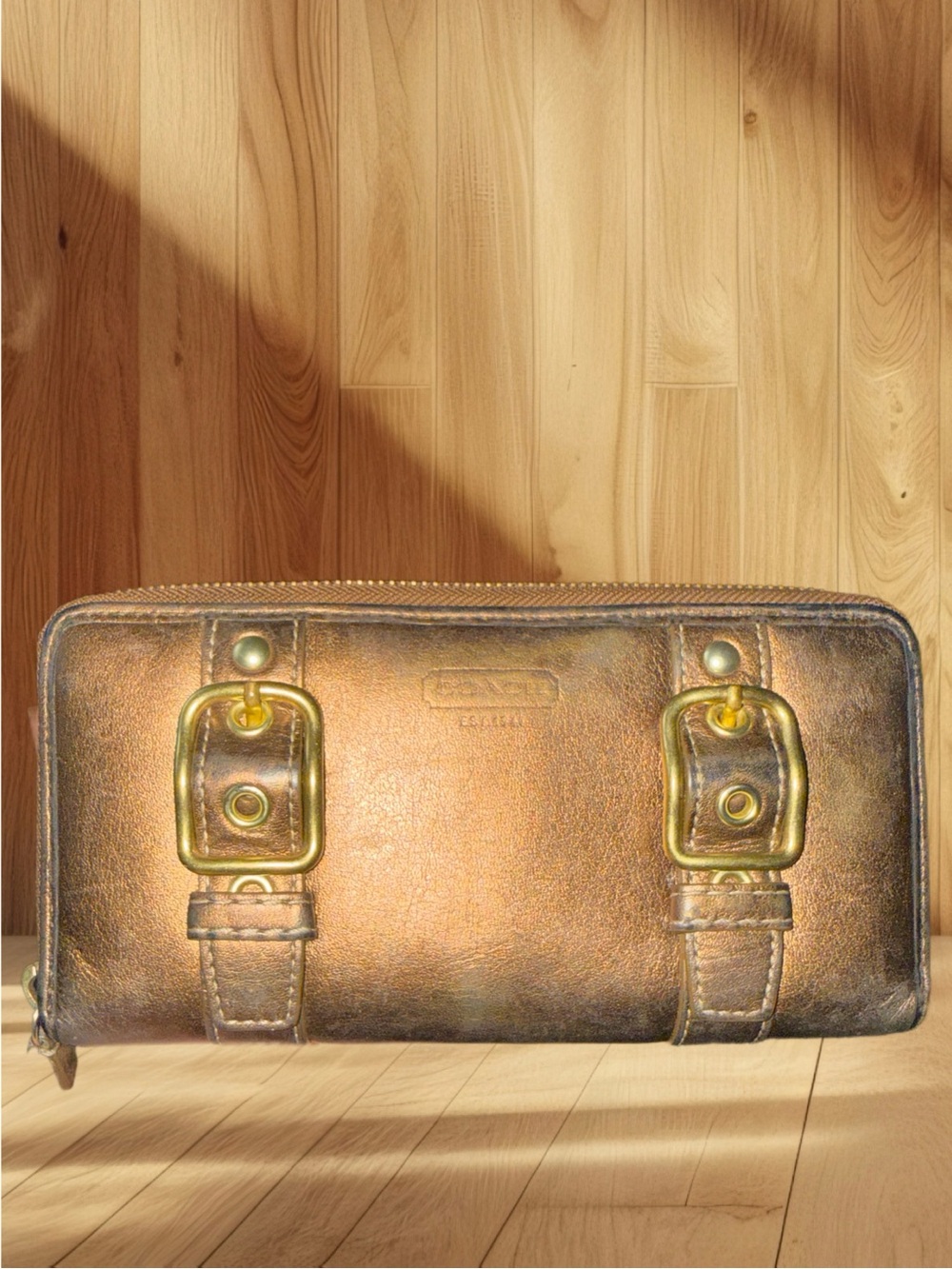 Coach Zoe SoHo Metallic Bronze Leather Double Buckle Zip Around Wallet
